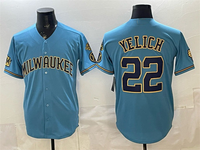 Milwaukee Brewers #22 Christian Yelich Blue Puhics With Home & Bob Uecker Patch Stitched Jersey