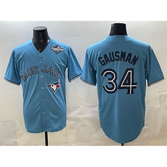 Toronto Blue Jays #34 Kevin Gausman Blue Puhics 2025 World Series Cool Base Stitched Jersey