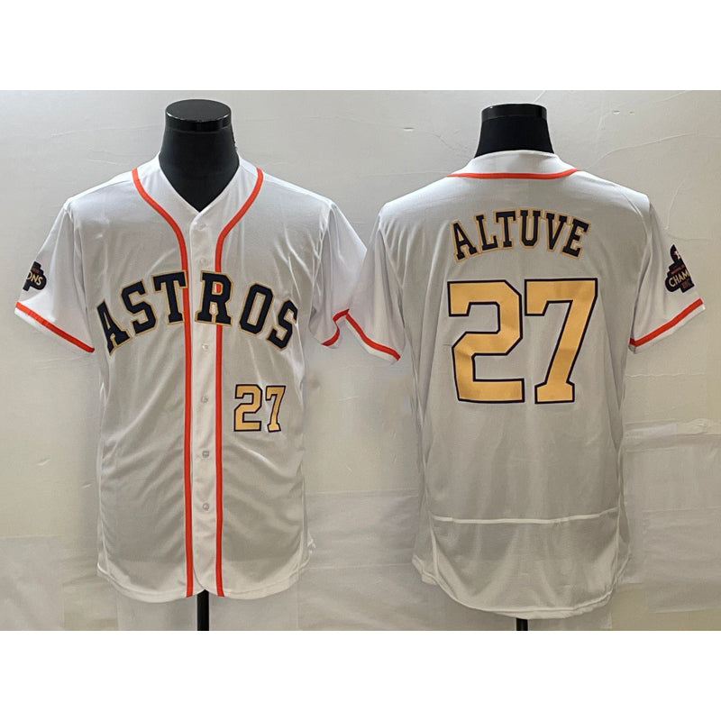 Houston Astros #27 Jose Altuve Number 2023 White Puhics Gold World Serise Champions Patch Flex Base Stitched Jersey 3