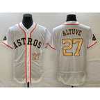 Houston Astros #27 Jose Altuve Number 2023 White Puhics Gold World Serise Champions Patch Flex Base Stitched Jersey 3