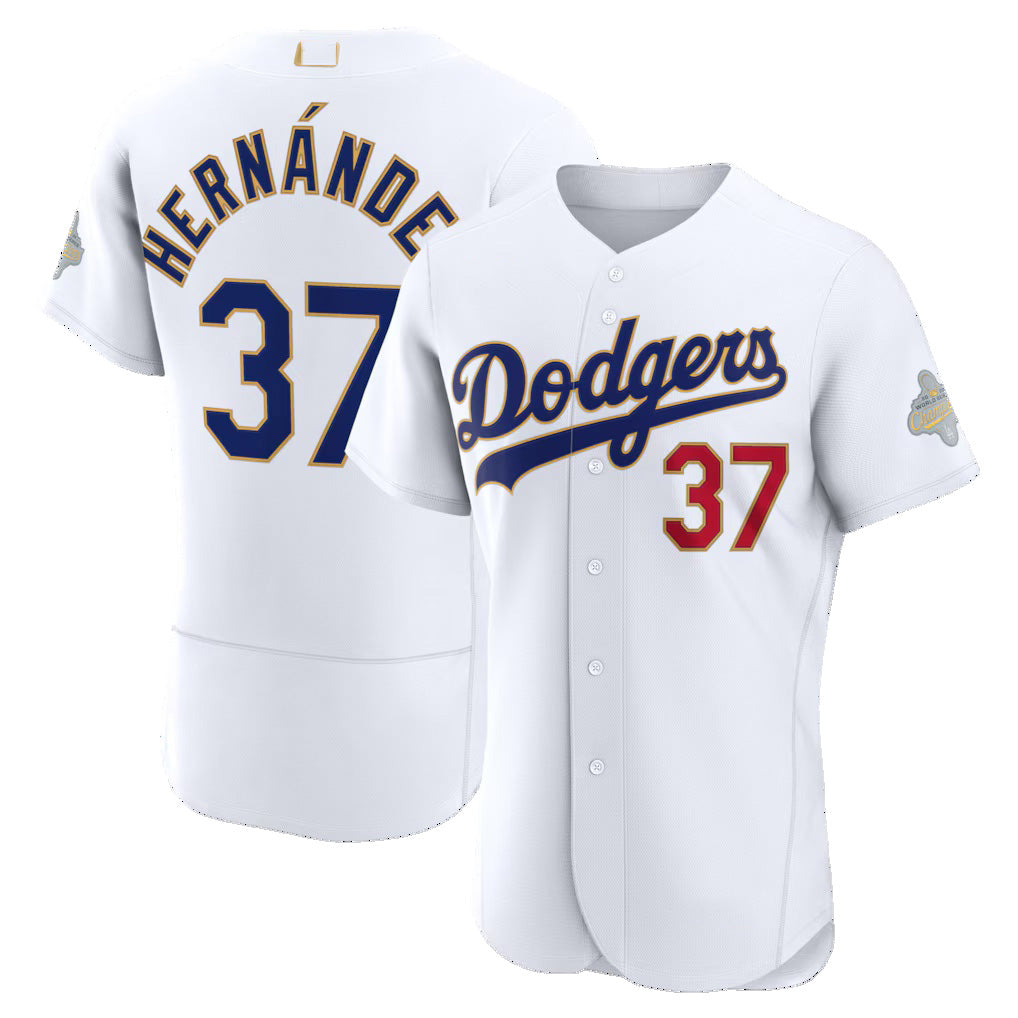 Los Angeles Dodgers #37 Teoscar Hern¨¢ndez White Puhics 2026 Gold Collection Authentic Jersey