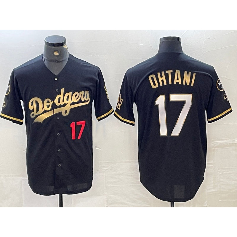 Los Angeles Dodgers #17 Shohei Ohtani Number Black Gold Puhics Stitched Cool Base Jersey 3