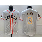 Houston Astros #3 Jeremy Pena Number 2023 White Gold Puhics World Serise Champions Patch Flex Base Stitched Jersey