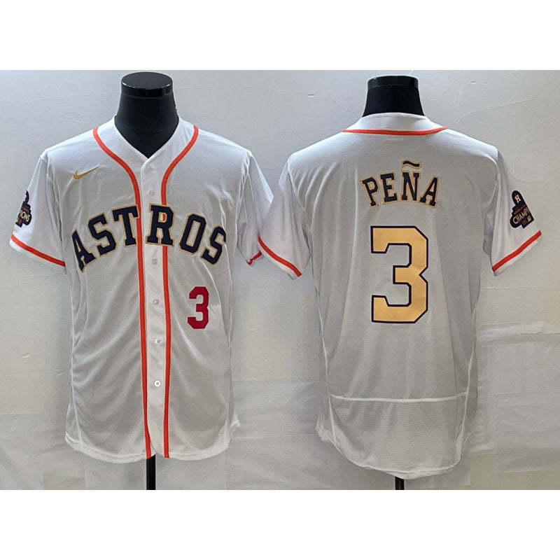 Houston Astros #3 Jeremy Pena Number 2023 White Gold Puhics World Serise Champions Patch Flex Base Stitched Jersey