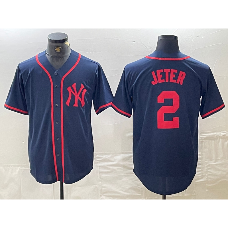 New York Yankees #2 Derek Jeter Navy Red Puhics Fashion Cool Base Jersey