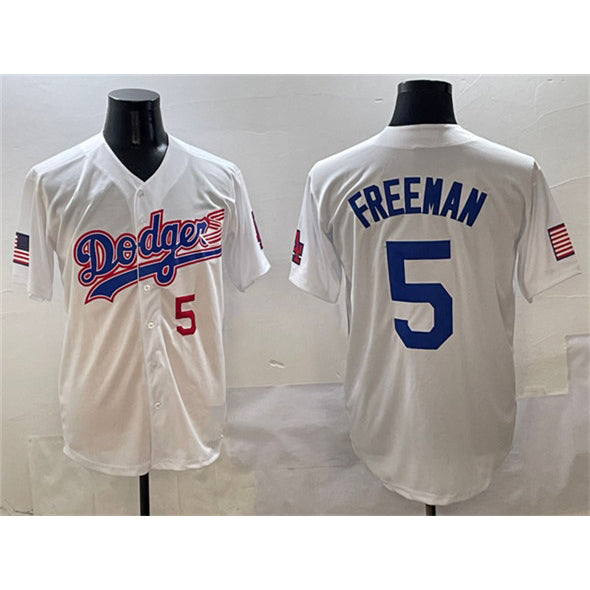 Los Angeles Dodgers #5 Freddie Freeman White Puhics With American Flag Patch Limited Stitched Jersey