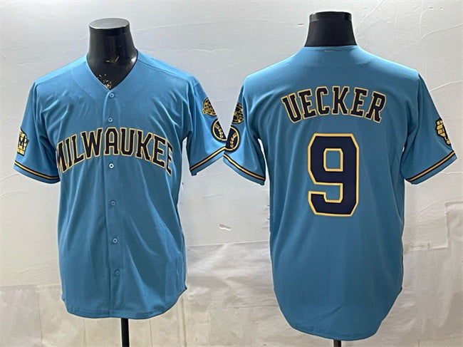 Milwaukee Brewers #9 Bob Uecker Blue Puhics With Home & Bob Uecker Patch Stitched Jersey