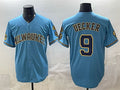 Milwaukee Brewers #9 Bob Uecker Blue Puhics With Home & Bob Uecker Patch Stitched Jersey