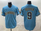 Milwaukee Brewers #9 Bob Uecker Blue Puhics With Home & Bob Uecker Patch Stitched Jersey
