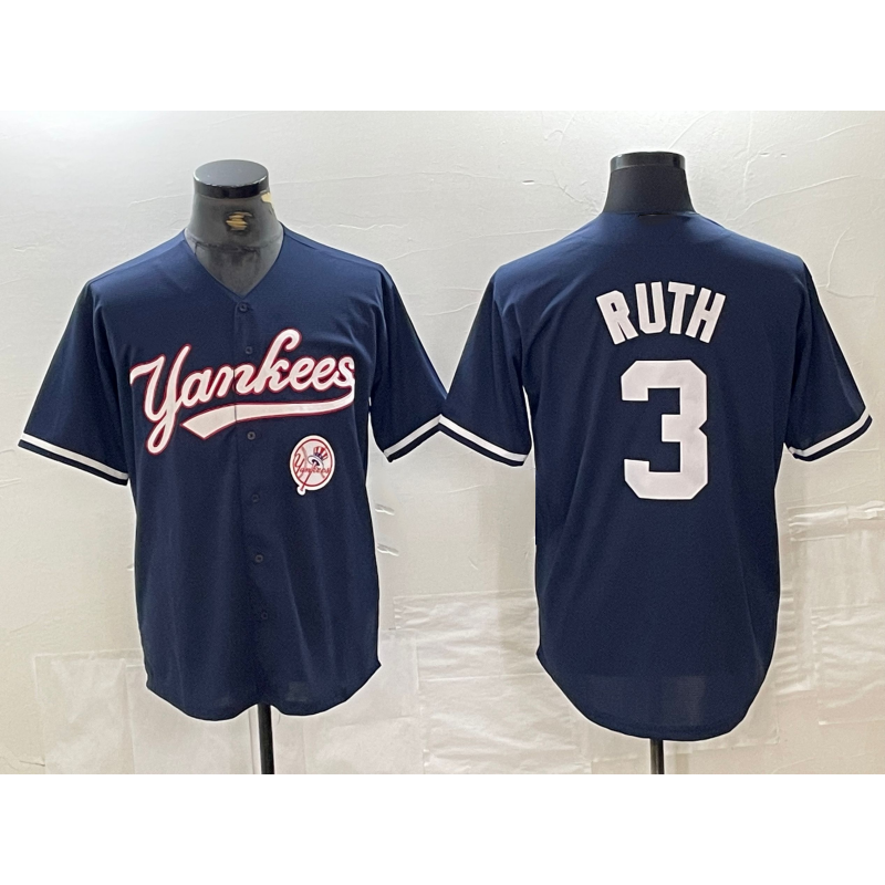 New York Yankees #3 Babe Ruth Navy Puhics With Patch Cool Base Stitched Jersey