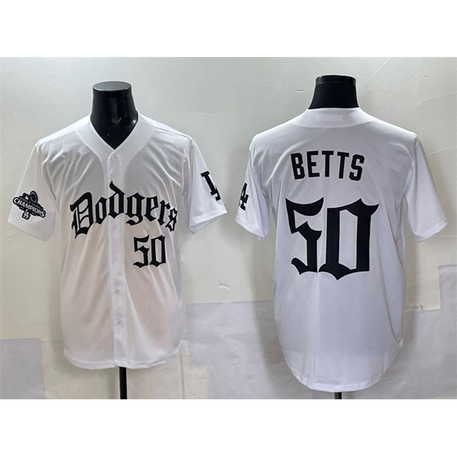 Los Angeles Dodgers #50 Mookie Betts White Puhics 2025 LA Gothic Style With 2024 World Series Champions Patch Vapor Premier Limited Stitched Jersey