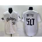Los Angeles Dodgers #50 Mookie Betts White Puhics 2025 LA Gothic Style With 2024 World Series Champions Patch Vapor Premier Limited Stitched Jersey