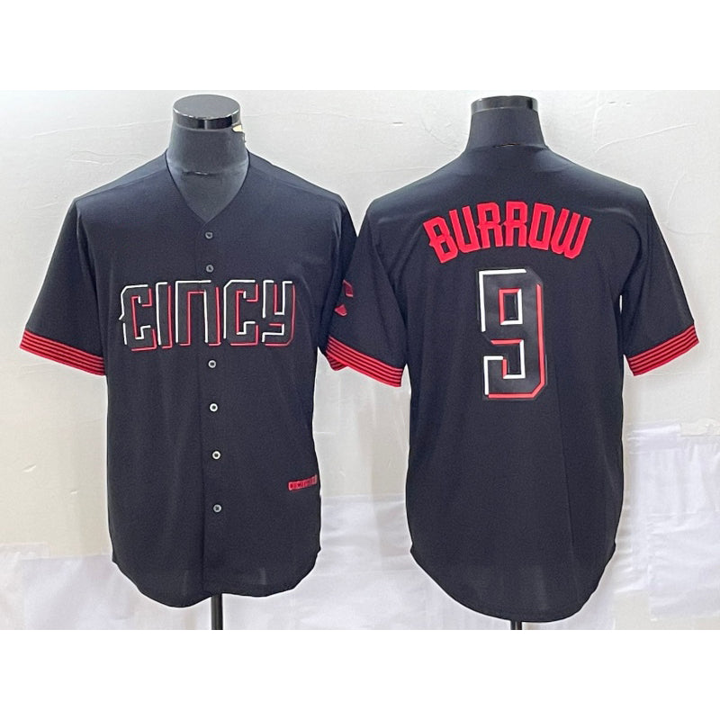 Cincinnati Reds #9 Joe Burrow Black Puhics 2023 City Connect Cool Base Stitched Jersey 2