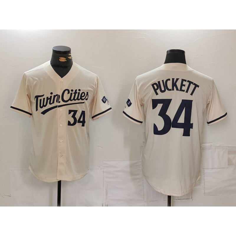 Minnesota Twins #34 Kirby Puckett Number Cream Puhics Cool Base Stitched Jersey