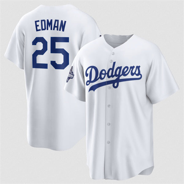 Los Angeles Dodgers #25 Tommy Edman White Puhics 2025 World Series Champions Home Cool Base Stitched Jersey