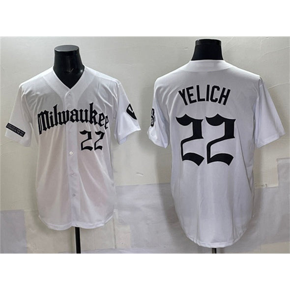 Milwaukee Brewers #22 Christian Yelich White Puhics 'Gothic 414 Shadows Edition' Vapor Premier Limited Stitched Jersey