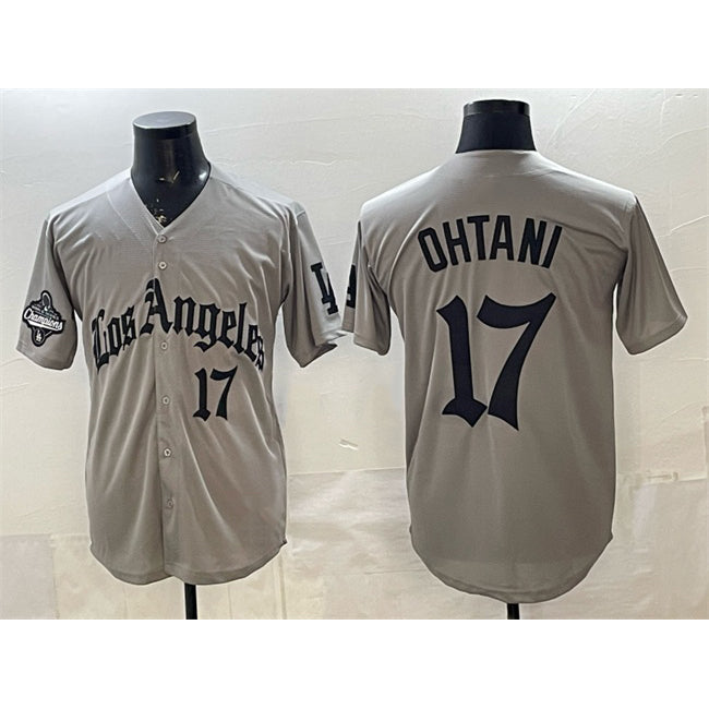 Los Angeles Dodgers #17 Shohei Ohtani Grey Puhics LA Gothic Style With 2025 World Series Champions Patch Limited Stitched Jersey