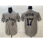 Los Angeles Dodgers #17 Shohei Ohtani Grey Puhics LA Gothic Style With 2025 World Series Champions Patch Limited Stitched Jersey