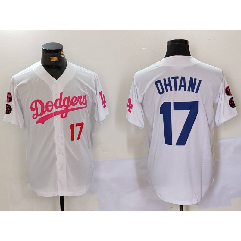 Los Angeles Dodgers #17 Shohei Ohtani White Pink Puhics Vin & Kobe Patch Stitched Jerseys
