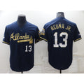 Atlanta Braves #13 Ronald Acuna Jr Navy Blue Puhics 2021 World Series Champions Golden Edition Stitched Cool Base Jersey