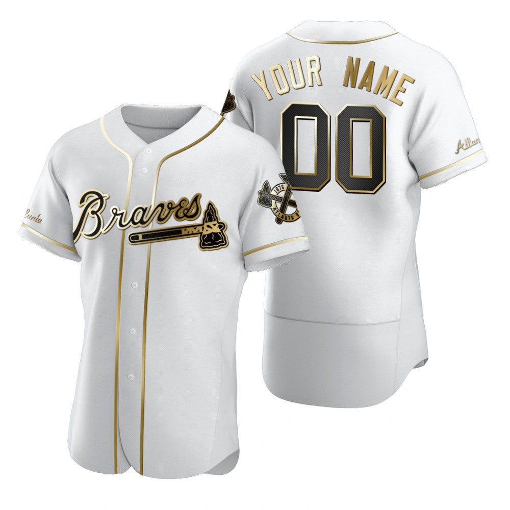 Custom Atlanta Braves White Puhics Stitched Flex Base Golden Edition Jersey