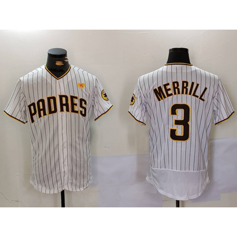San Diego Padres #3 Jackson Merrill White Puhics With PS Patch Stitched Flex Base Jersey 2
