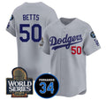 Los Angeles Dodgers #50 Mookie Betts Grey Puhics 2024 World Series With Fernando Memorial Patch Limited Stitched Jersey