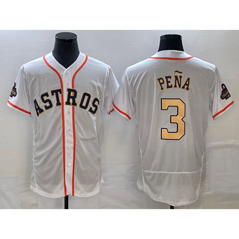 Houston Astros #3 Jeremy Pena 2023 White Gold Puhics World Serise Champions Patch Flex Base Stitched Jersey