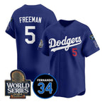 Los Angeles Dodgers #5 Freddie Freeman Royal Puhics 2024 World Series With Fernando Memorial Patch Limited Stitched Jersey