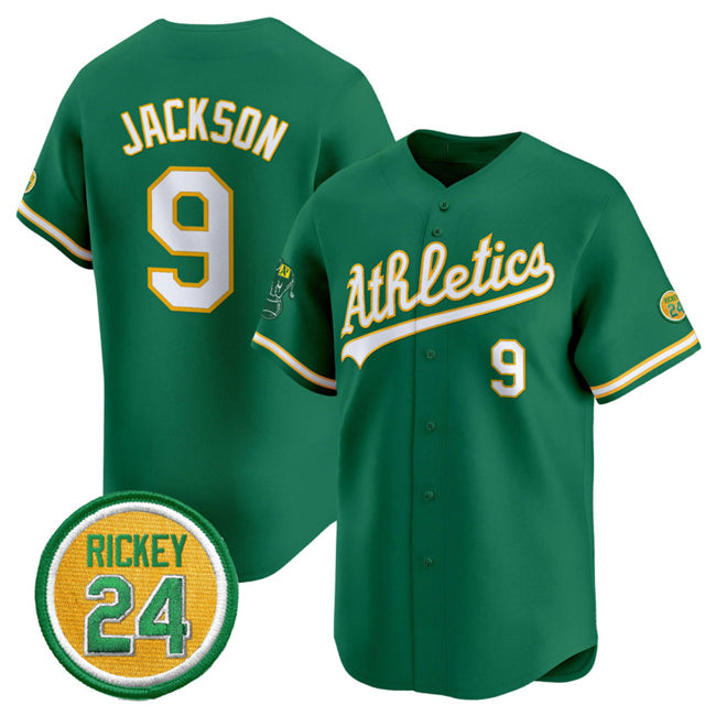 Oakland Athletics #9 Reggie Jackson Green Puhics 2024 Limited With Rickey Henderson Patch Stitched Jersey