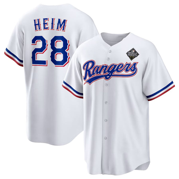 Texas Rangers #28 Jonah Heim 2023 White Puhics World Series Stitched Jersey