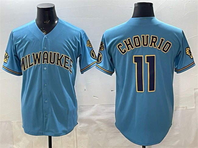 Milwaukee Brewers #11 Jackson Chourio Blue Puhics With Home & Bob Uecker Patch Stitched Jersey