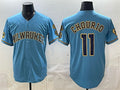 Milwaukee Brewers #11 Jackson Chourio Blue Puhics With Home & Bob Uecker Patch Stitched Jersey
