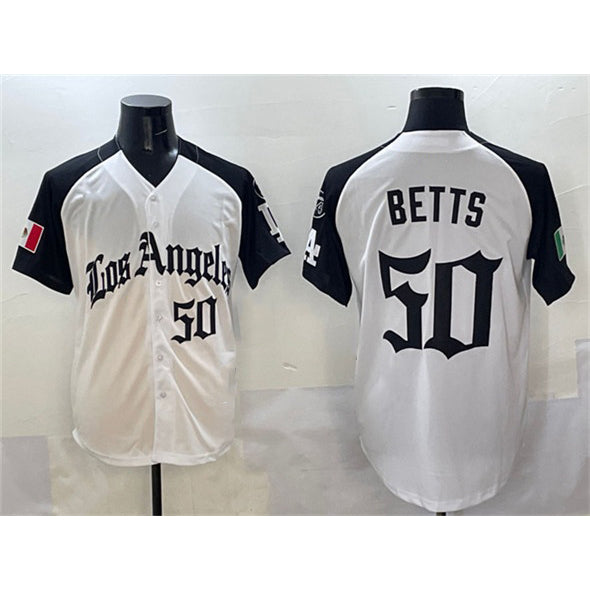 Los Angeles Dodgers #50 Mookie Betts White Black Puhics Mexico 2025 LA Gothic Style With Fernando Patch Vapor Premier Limited Stitched Jersey