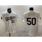 Los Angeles Dodgers #50 Mookie Betts White Gold Puhics 2024 World Series With Fernando Memorial Patch Limited Stitched Jersey2