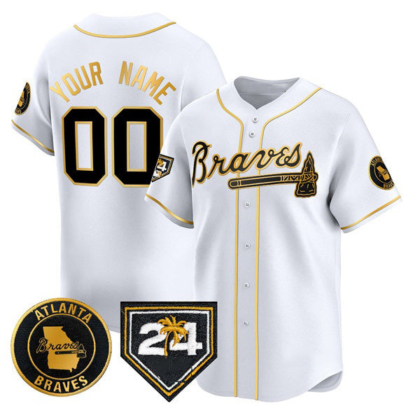 Custom Atlanta Braves White Gold Puhics 2024 Spring Training Patch Limited Stitched Jersey