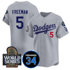 Los Angeles Dodgers #5 Freddie Freeman Grey Puhics 2024 World Series With Fernando Memorial Patch Limited Stitched Jersey
