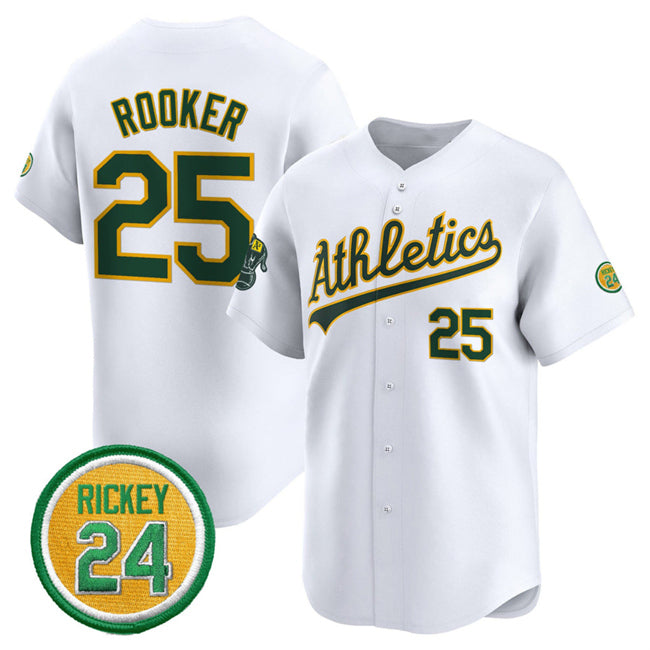 Oakland Athletics #25 Brent Rooker White Puhics 2024 Home Limited With Rickey Henderson Patch Stitched Jersey
