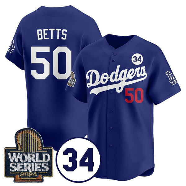 Los Angeles Dodgers #50 Mookie Betts Royal Puhics 2024 World Series With No. 34 Patch Cool Base Stitched Jersey