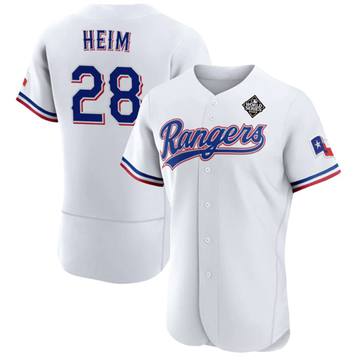 Texas Rangers #28 Jonah Heim White Puhics 2023 World Series Flex Base Stitched Jersey