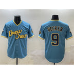 Milwaukee Brewers #9 Bob Uecker Powder Blue Puhics City Connect With Patch Cool Base Stitched Jersey