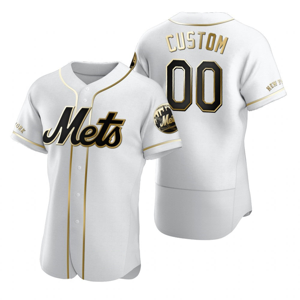 Custom New York Mets White Puhics Stitched Flex Base Golden Edition Jersey