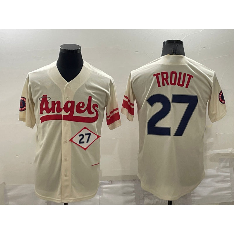 Los Angeles Angels #27 Mike Trout Number Cream Puhics 2022 City Connect Cool Base Stitched Jersey