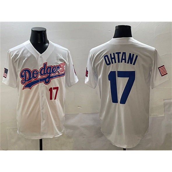Los Angeles Dodgers #17 Shohei Ohtani White Puhics With American Flag Patch Limited Stitched Jersey