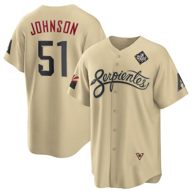 Arizona Diamondbacks #51 Randy Johnson Gold Puhics 2023 World Series City Connect Cool Base Stitched Jersey