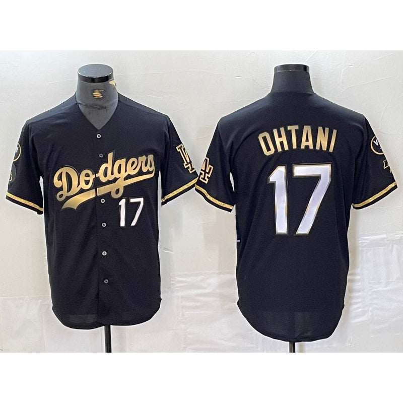 Los Angeles Dodgers #17 Shohei Ohtani Number Black Gold Puhics Fashion Stitched Cool Base Limited Jersey