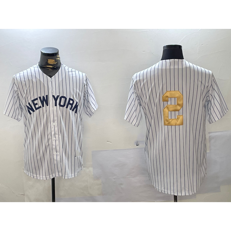 New York Yankees #2 Derek Jeter White Puhics Pinstripe Without Name Fashion Cool Base Jersey 2