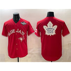 Toronto Blue Jays & Leafs Red Puhics 2025 World Series With White Leafs Logo Cool Base Stitched Jersey