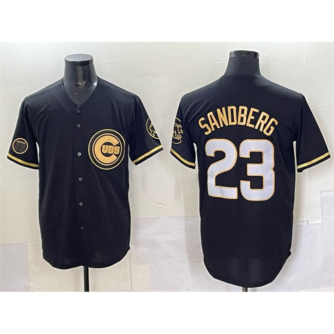 Chicago Cubs #23 Ryne Sandberg Black Puhics Gold 'Ryne Sandberg Tribute' Vapor Limited V2 Stitched Jersey