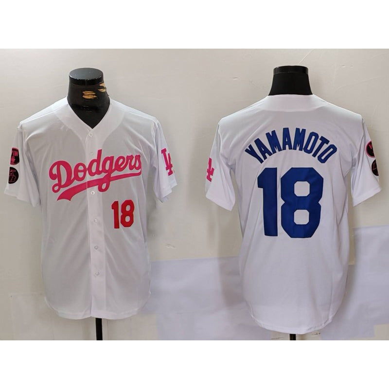 Los Angeles Dodgers #18 Yoshinobu Yamamoto White Pink Puhics Vin & Kobe Patch Stitched Jerseys
